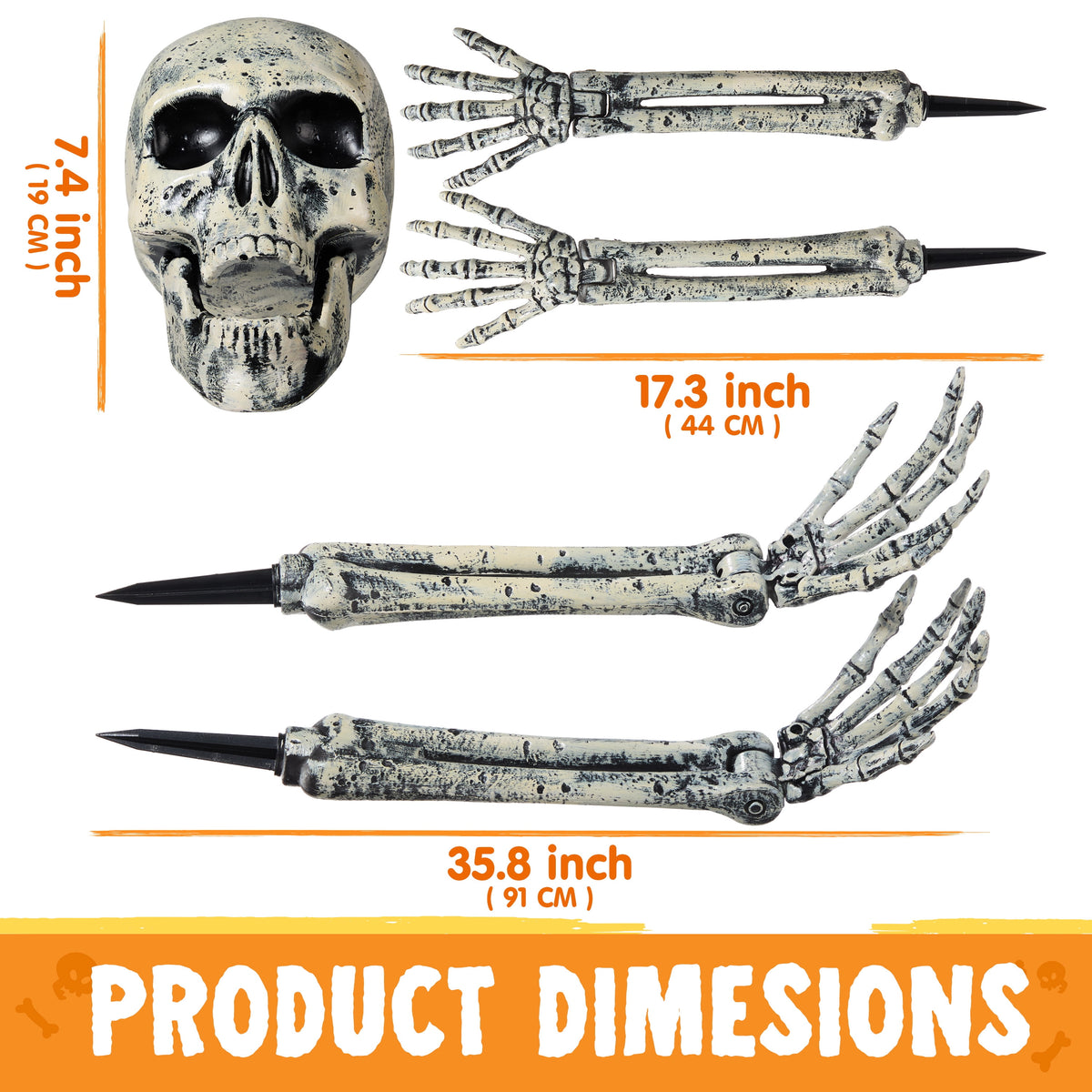 Joyfy 3 Pack 3D Halloween Skull Head Pathway Lights Decorations Outdoor, Battery Operated Spooky Skeleton Decor with 3 Stakes for Home Front Porch Yard Decor