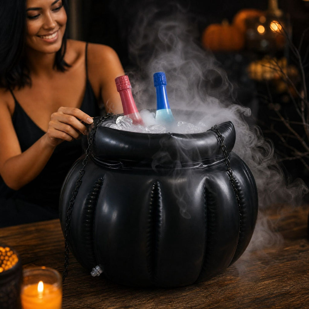 JHRGJIO Inflatable Witch Cauldron Cooler Stand Base, Hanging Pumpkin Ice Bucket with Mist Maker Fog Effect, Halloween Party Drink Chiller for Backyard Patio Outdoor Use