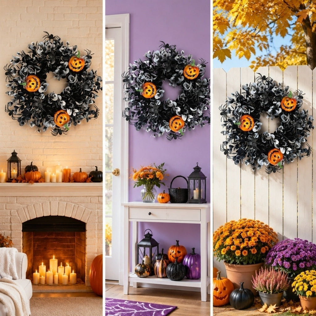 Halloween Wreaths for Front Door Halloween & Fall Fake Greenery Door Wreath, Thanksgiving Hanging Decor for Porch Window 12 Inch, D