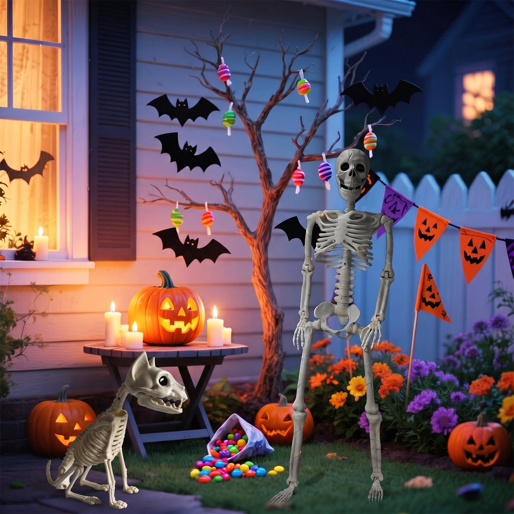 TETOU 2Pcs Halloween Human Cat Skeletons,35.4 Inch Realistic Full Body Movable Posable Skeleton for Halloween Garden Yard Porch Party Haunted Graveyard Indoor Outdoor Decororation