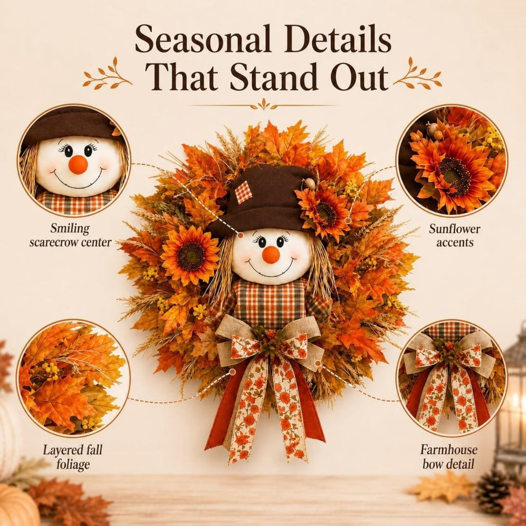 Lighted Scarecrow Halloween Fall Wreath for Front Door, Autumn Harvest Decor, Sunflower Maple Wreath, Warm LED and Farmhouse Burlap Bow & Leaf