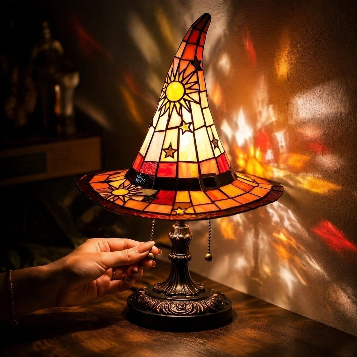 Stained Glass Witch hat lamp, 7" Halloween Gothic Mystic Room Decor Handcrafted Ceramic Phantom Figurine, USB Rechargeable LED Glowing Lantern for Bedroom Living Room Mantel Home Decor