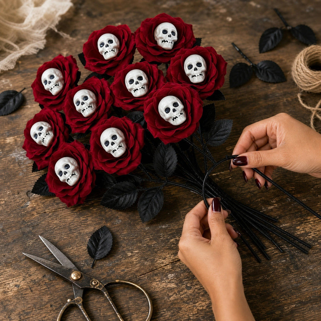 Halloween Artificial Rose Flower with Skull Head, Fake Silk Rose Bouquet, Red or Black Roses with Mini Skull