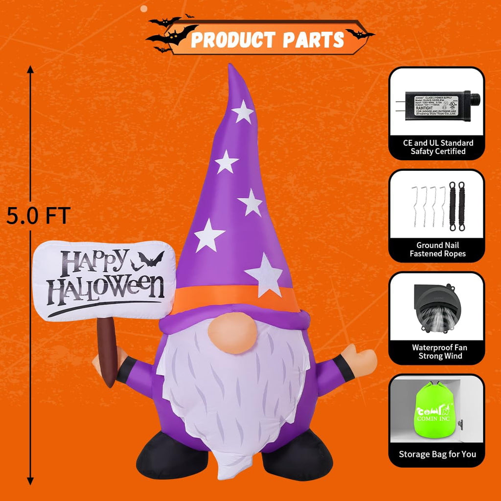 COMIN 5 FT Tall Halloween Inflatable Gnome Holding Happy Halloween Sign Outdoor Blow Up Gnome with Built-in LED Lights for Garden Patio Porch Holiday Party