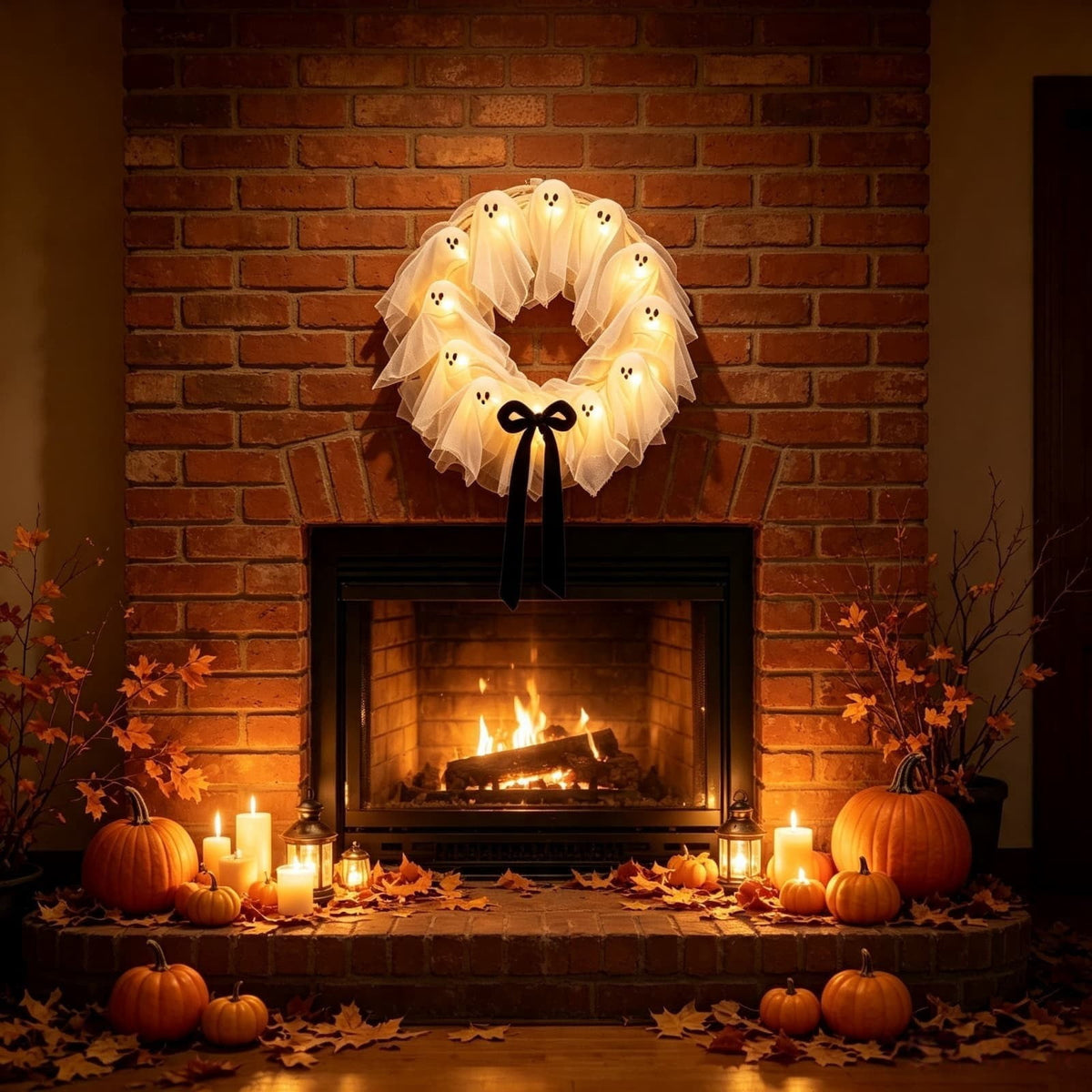 Gcvizuso Halloween Crescent Floral Wreath, Orange Red Rose Hydrangea Fall Front Door Decor for Autumn Harvest Celebration