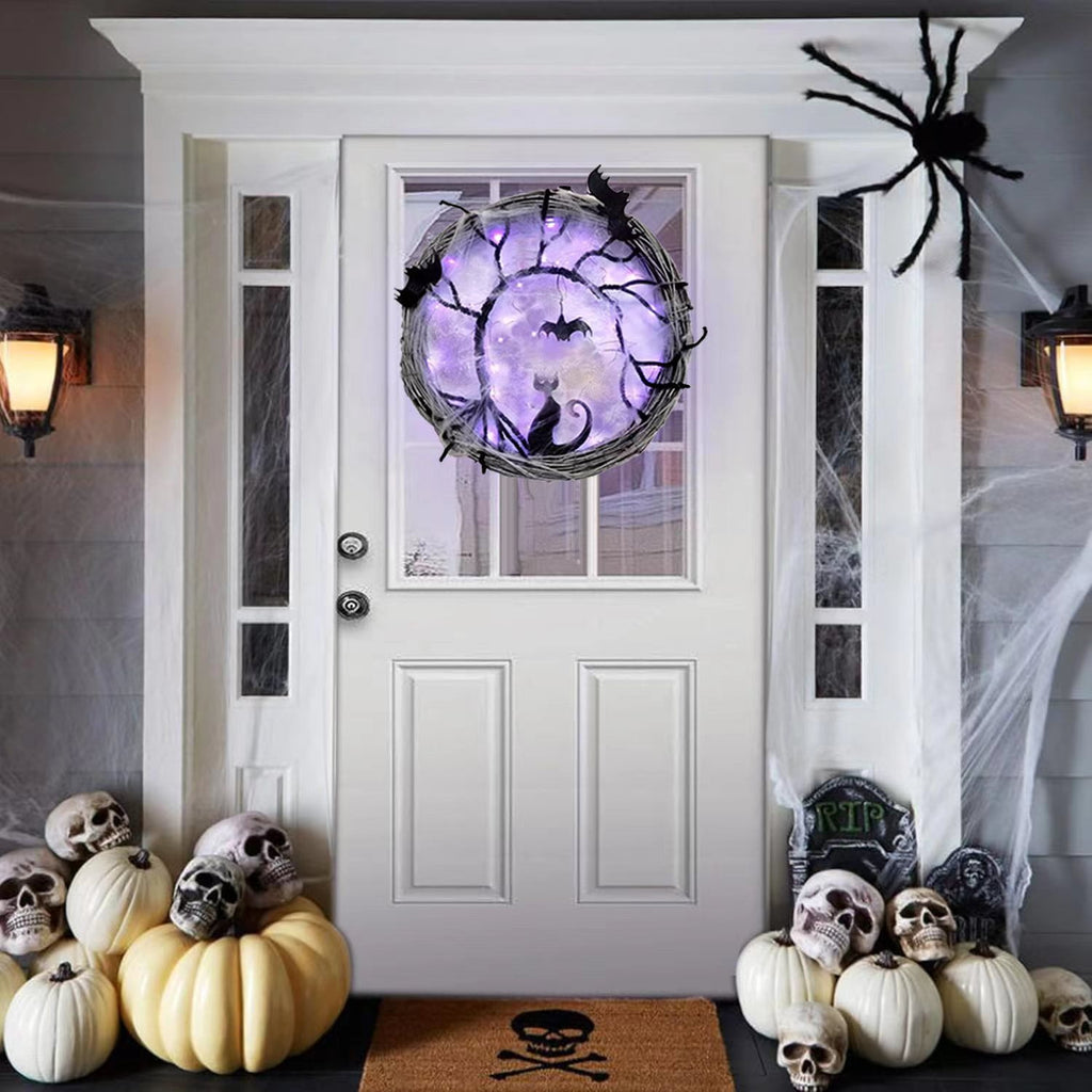 Wiher 18.8Inch Lighted UP Bat and Cat Halloween Wreath Decoration with Purple LED Lights,Battery Operated Horror Black Wreath Halloween Porch Decor