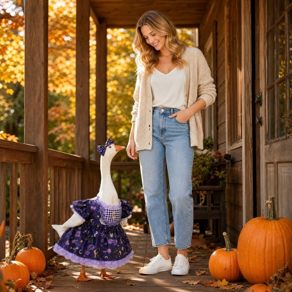 Halloween Ghost Porch Goose Outfit Fits 23 Inch Cement Lawn Goose Statue Pumpkin Face Ghost Costume with Matching Witch Hat for Fall Outdoor Garden Yard Patio Holiday Decor