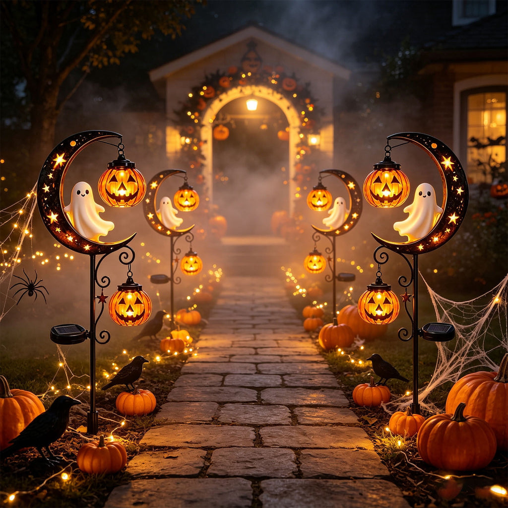 Solar Halloween Garden Stake Light, Bats & Spooky Ghosts Waterproof Solar Lantern Stake with Hanging Pumpkin, Outdoor Halloween Yard Decor for Garden Patio Lawn Pathway