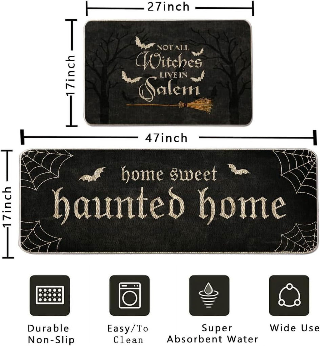 Halloween Kitchen Mat Set of 2, No All Witch Live in Salem Kitchen Rug, Bat Broom Halloween Farmhouse Party Floor Mat for Home Kitchen Decorations - 17x27 and 17x47 Inch