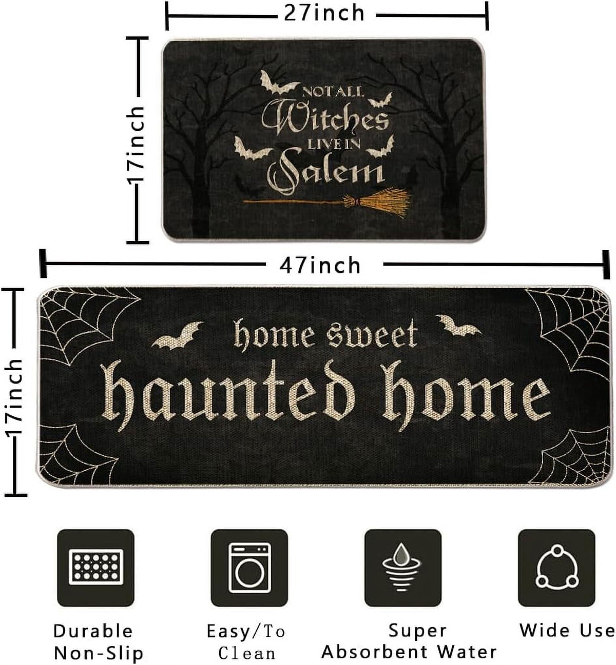 Halloween Kitchen Mat Set of 2, No All Witch Live in Salem Kitchen Rug, Bat Broom Halloween Farmhouse Party Floor Mat for Home Kitchen Decorations - 17x27 and 17x47 Inch
