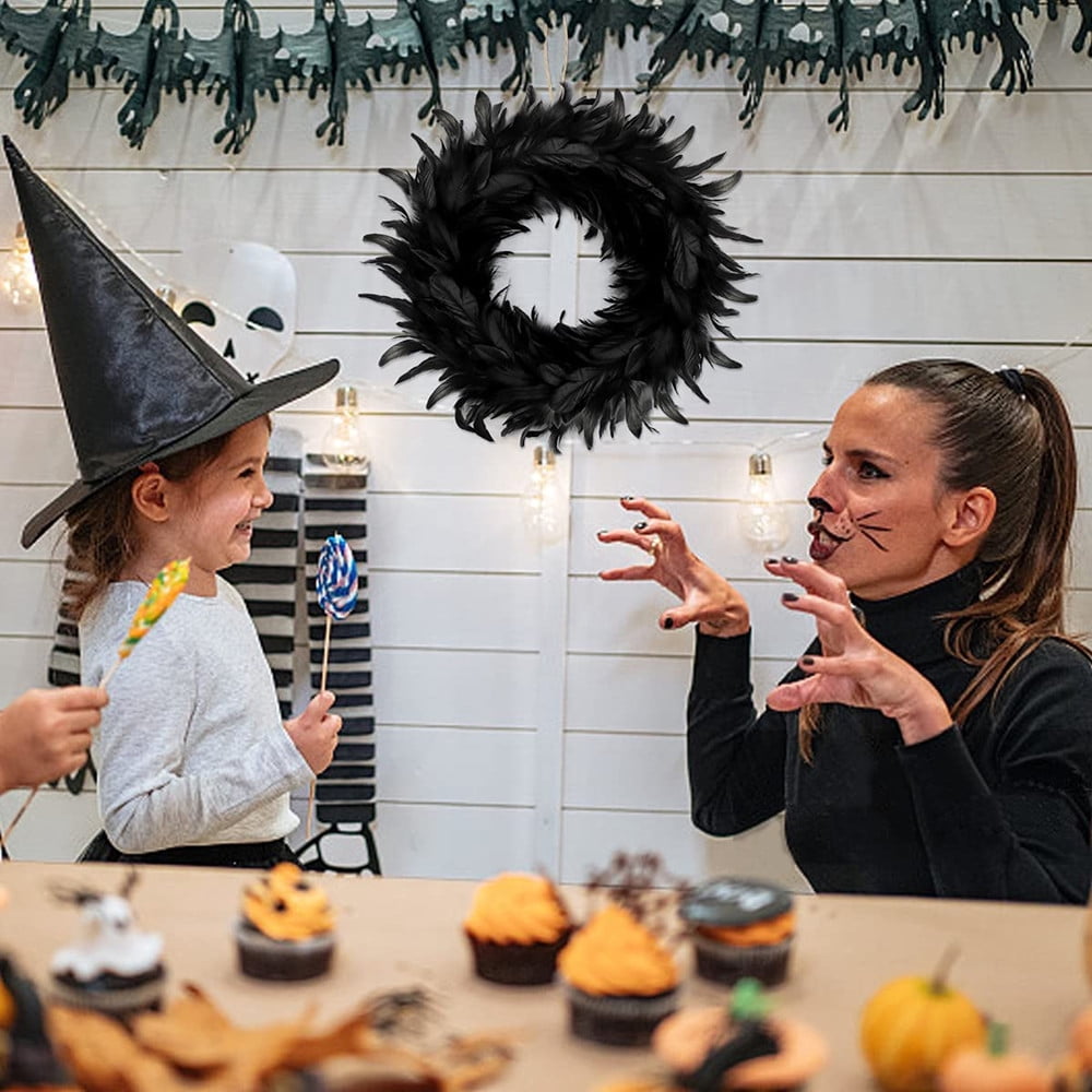 16" Black Feather Wreath Halloween Wreath Handmade Black Wreath for Front Door Porch Mantel Fireplace Window Wall Indoor Outdoor Halloween Christmas Winter Birthday Decoration