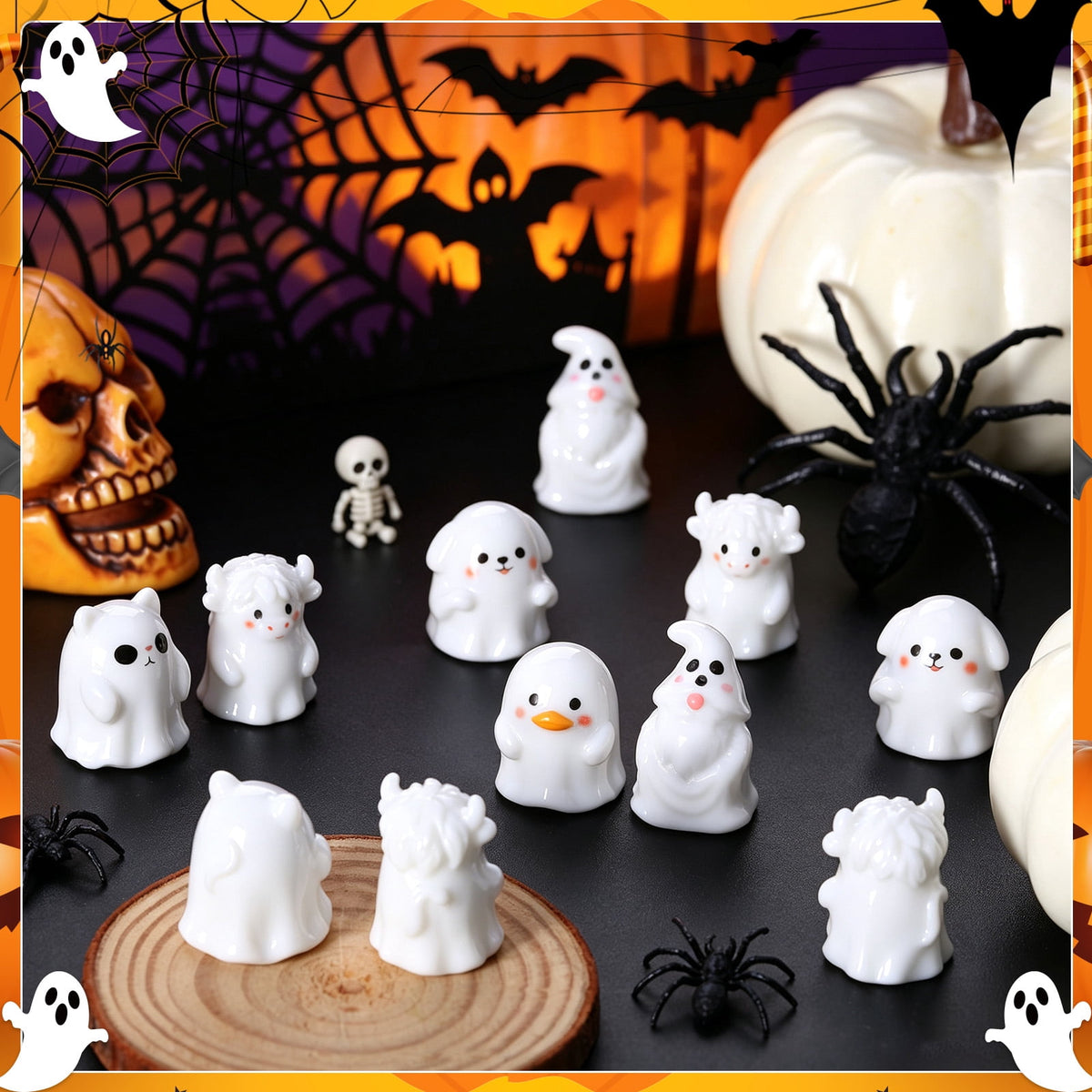 sixwipe 50 Pcs Mini Resin Ghosts, Small Ghost Figurines, Halloween Decorations for Spooky Tiered Tray Decor, Vase Filler, Home Tabletop Shelf Centerpieces, Party Favors Gift