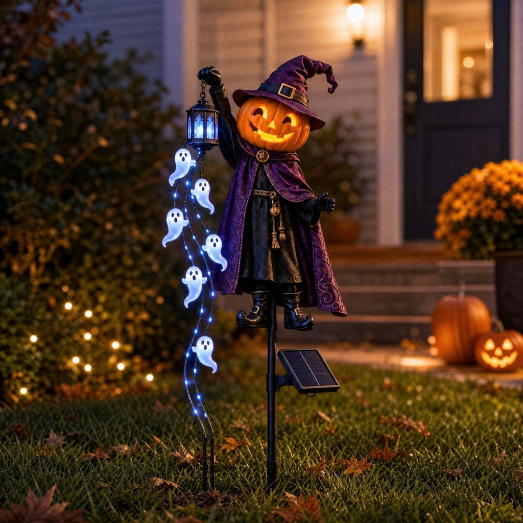 Halloween Solar Garden Stake Light,Metal Hanging Pumpkin Lantern Waterproof for Yard Lawn Proch