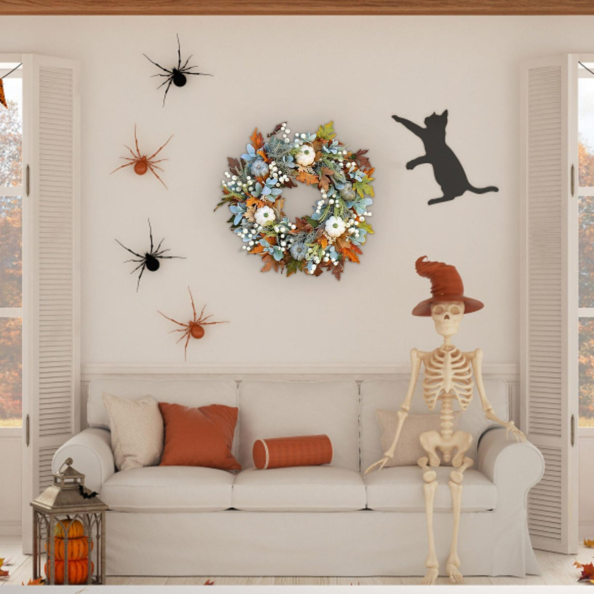 KMWGRE Farmhouse Autumn Wreath for Front Door -Grapevine Wreath Rustic Fall Decor with Artificial Pumpkins, Roses & Berry Branches, Thanksgiving Halloween Wreath