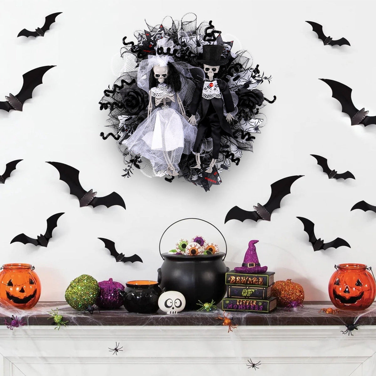 Halloween Wreath with Lights for Front Door, Collapsible Pre-Lit Wreath with Pumpkin Halloween Decorations for Home Wall Decor