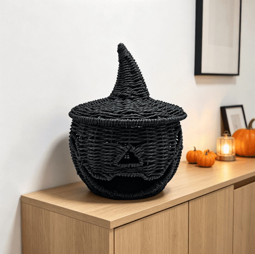 THOPBPRK 2026 Black Halloween Woven Pumpkin Jack-O'-Lantern, Halloween Decorations Pumpkin, USE LED Candle, Rattan Fall Halloween Decor for Home, 1Pack 11.8 Inch A