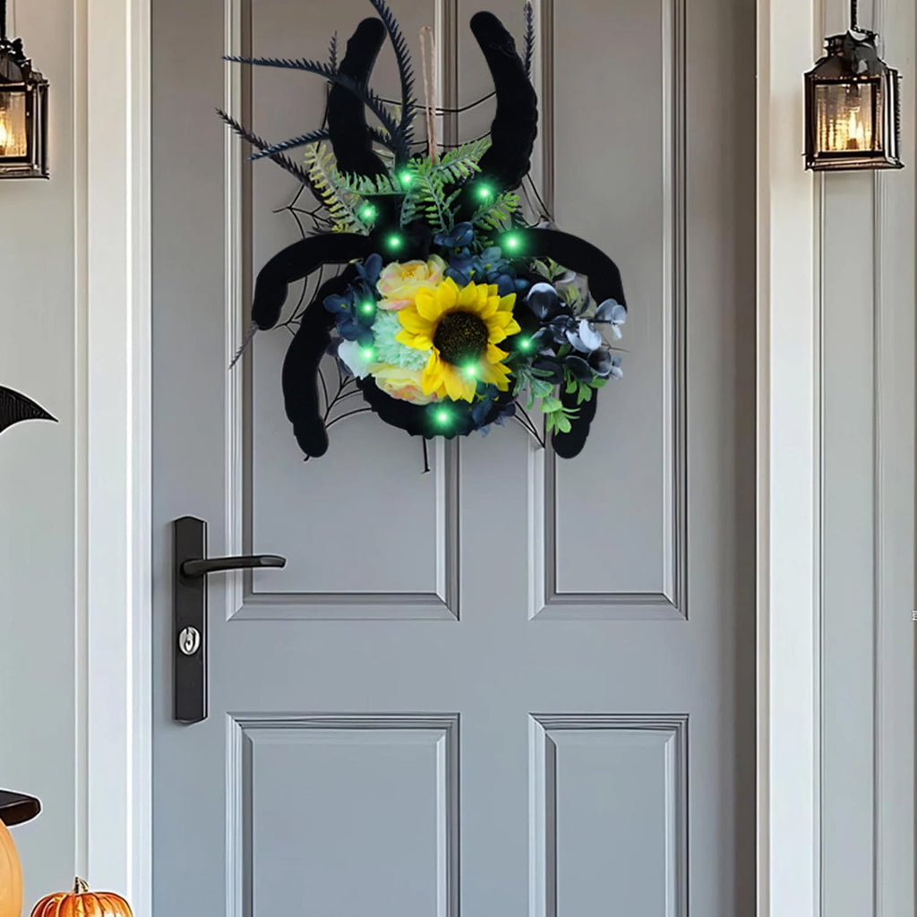 Halloween Door Hanger Wreath Spider Decorations, 30cm Halloween Party Cute Spider Artificial Flower Wreaths Decor with Lights for Front Door Farmhouse Porch Wall Decor Outdoor,Halloween Decorations