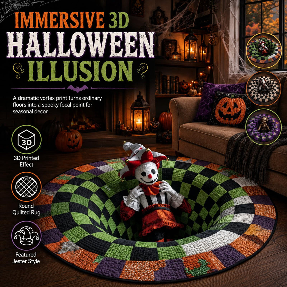 Deep Vortex Illusion Rug, 3D Halloween Round Floor Mat with Non-Slip Backing