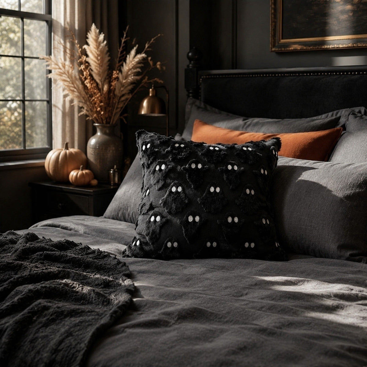 Decorative Pillow Orange Ghost Plush Throw Pillow Cover 18X18 Inch Halloween Home Decor for Couch Bedroom Holiday Decor