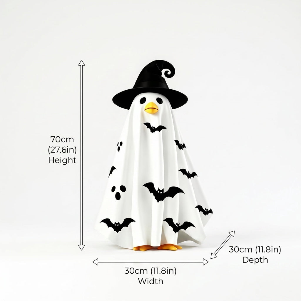 Halloween Ghost Porch Goose Outfit Fits 23 Inch Cement Lawn Goose Statue Pumpkin Face Ghost Costume with Matching Witch Hat for Fall Outdoor Garden Yard Patio Holiday Decor