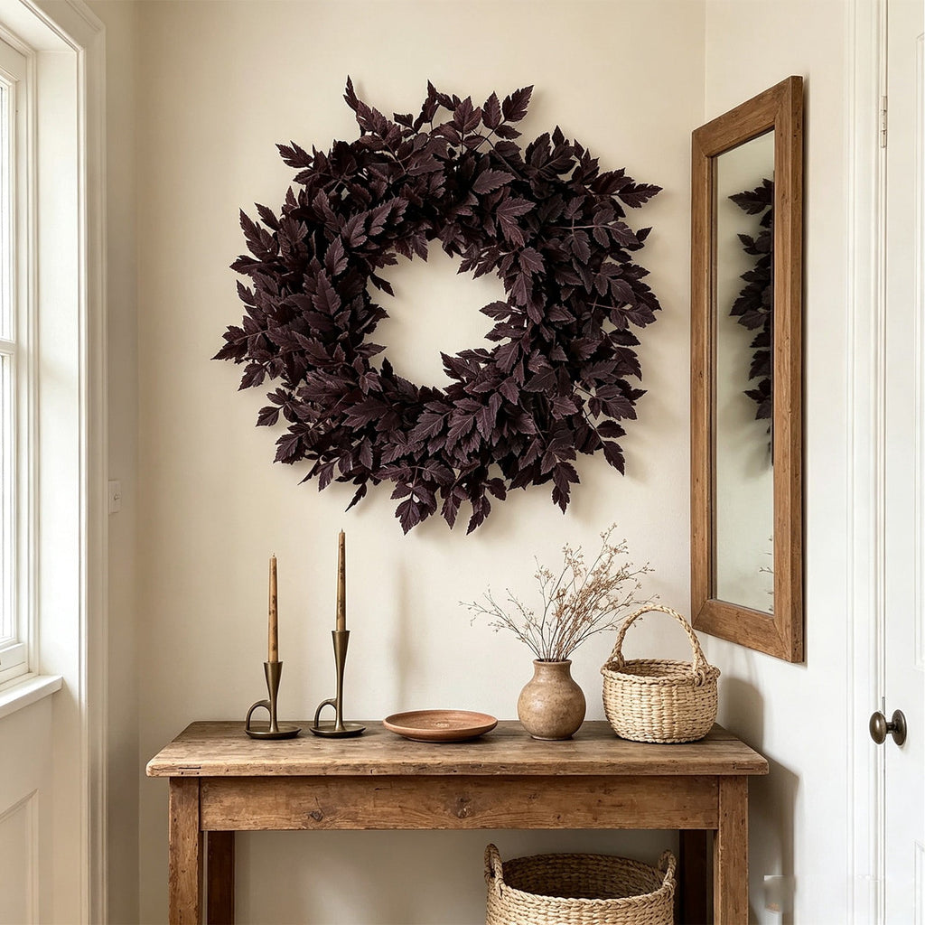 Halloween Artificial Dark Bugbane Leaves Wreath, 23.6 Inch Faux Burgundy Snakeroot Foliage Crown, Gothic Autumn Front Door Hanging Garland for Farmhouse Wall Decor