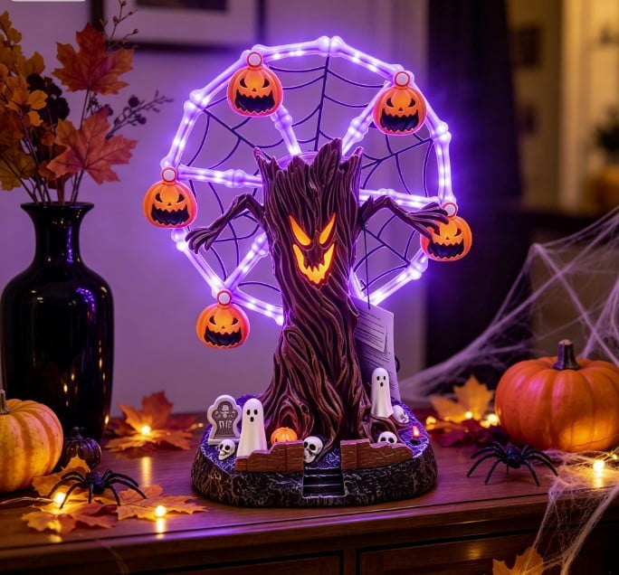 Hanging Solar Lights, Garden, Animated Halloween Ferris Wheel Tabletop Decor with Purple LED, Moving Skeleton Cauldrons, Spooky Tree Centerpiece for Party