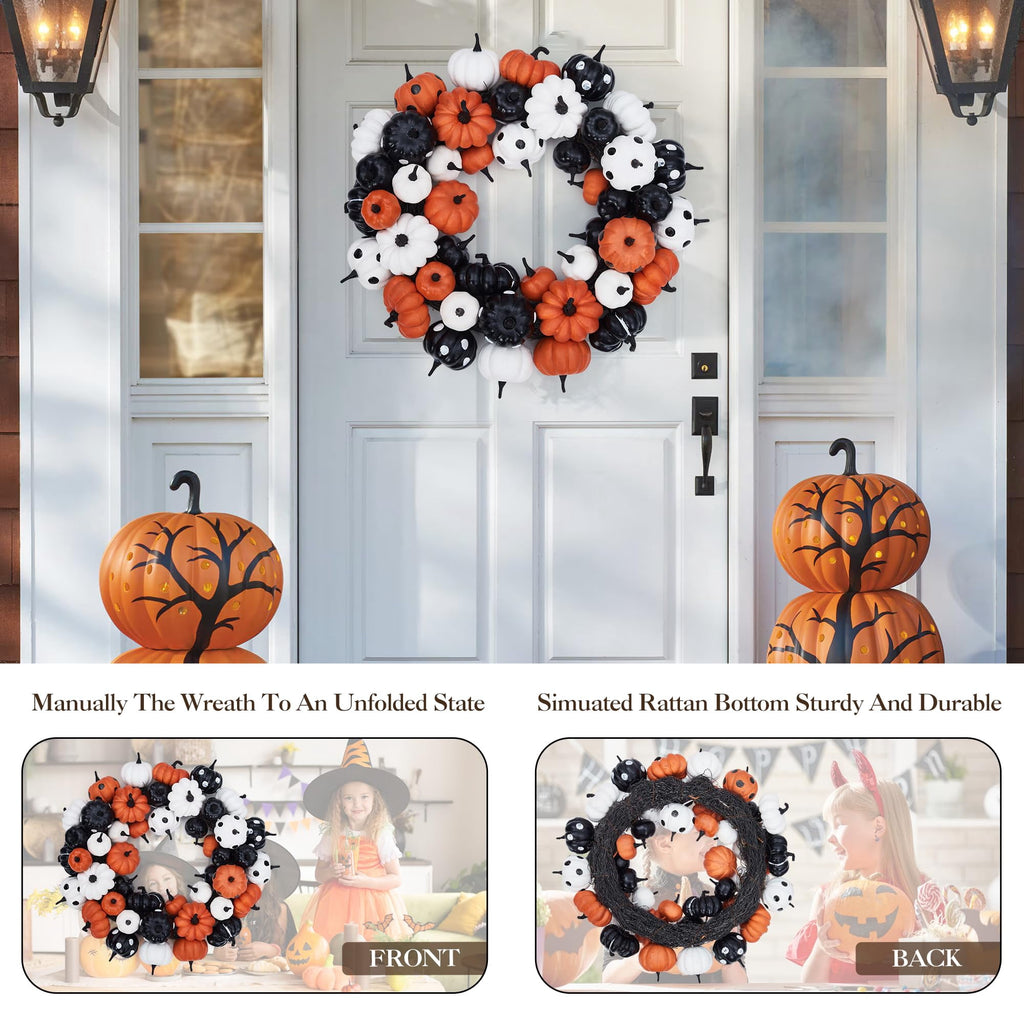 Halloween Pumpkin Wreath, 18 Inch Fall Wreath for Front Door with Orange, Black and White Pumpkins, Rattan Bottom Thanksgiving Indoor Outdoor Home Party Decor