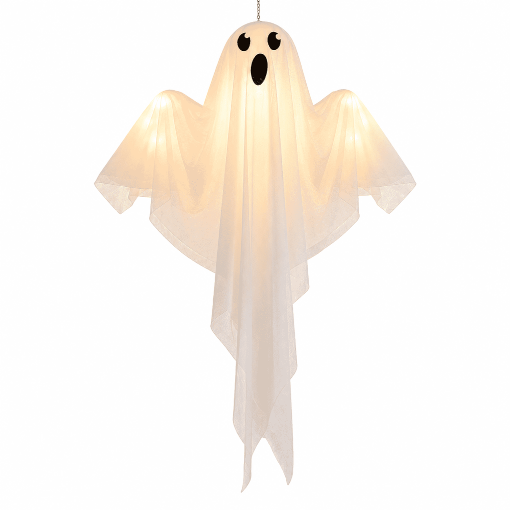 Clearance Light Up Hanging Ghost Decor, White Gauze Ghost Ornament with Blue LED Lights, Halloween Hanging Decoration for Front Door Porch Yard Tree Party Indoor Outdoor