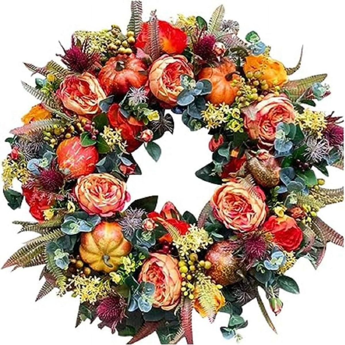 KOMI 2024 Fall Peony and Pumpkin Wreath for Front Door - Year Round Durable Farmhouse Wreath with Maple Leaves, Berries, Pinecones, and Pumpkins for Thanksgiving, Halloween, and Seasonal Home Decor