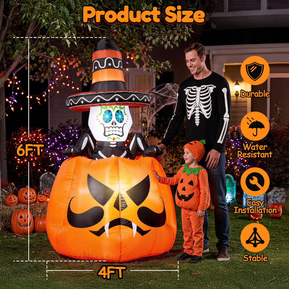 GVDV 6 FT Halloween Inflatables Animated Pumpkin Skull Outdoor Decorations Blow Up Yard with Built-in LEDs for Indoor Party Garden Lawn Decor