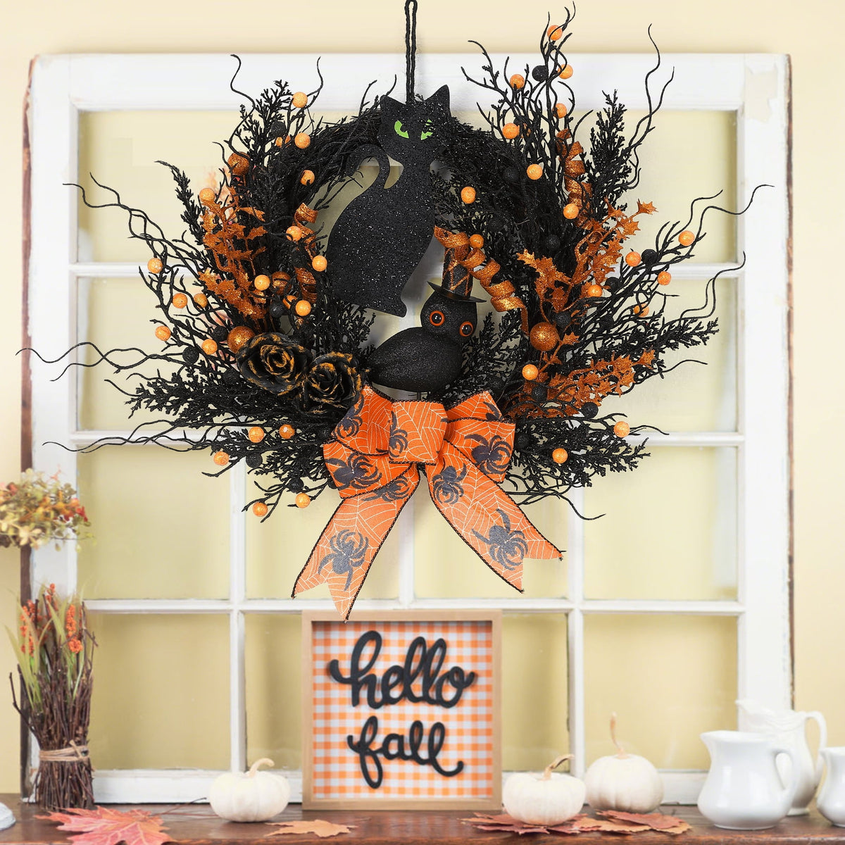 Halloween Wreath, Halloween Decorations Prelit Front Door Wreath for Indoor Wall Window Decor（18/20/22 Inch）