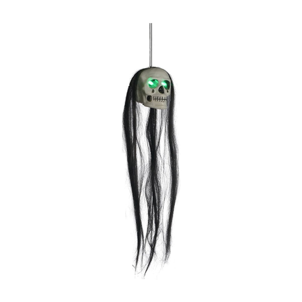 Bklubk Hanging Long Hair Skull Ghost Prop With Flashing Red/Green LED Eyes.Spooky Skeleton Head Hanging Ornament For Escape Room. House Halloween Yard Decor