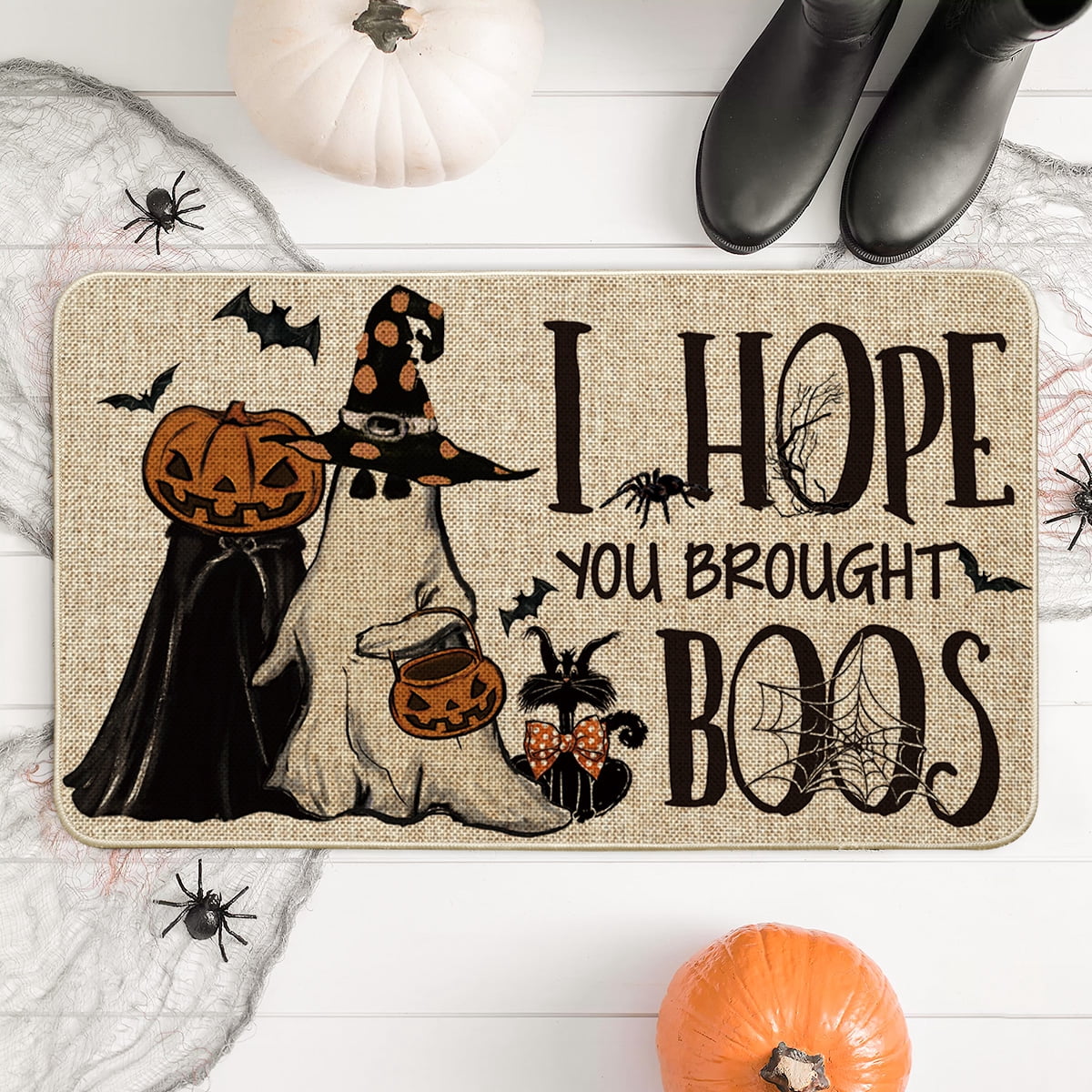 Sm:)e Polka Dot Black Cat, Jack-O'-Lantern, Ghost Halloween Welcome Doormat, 17x29 Inch