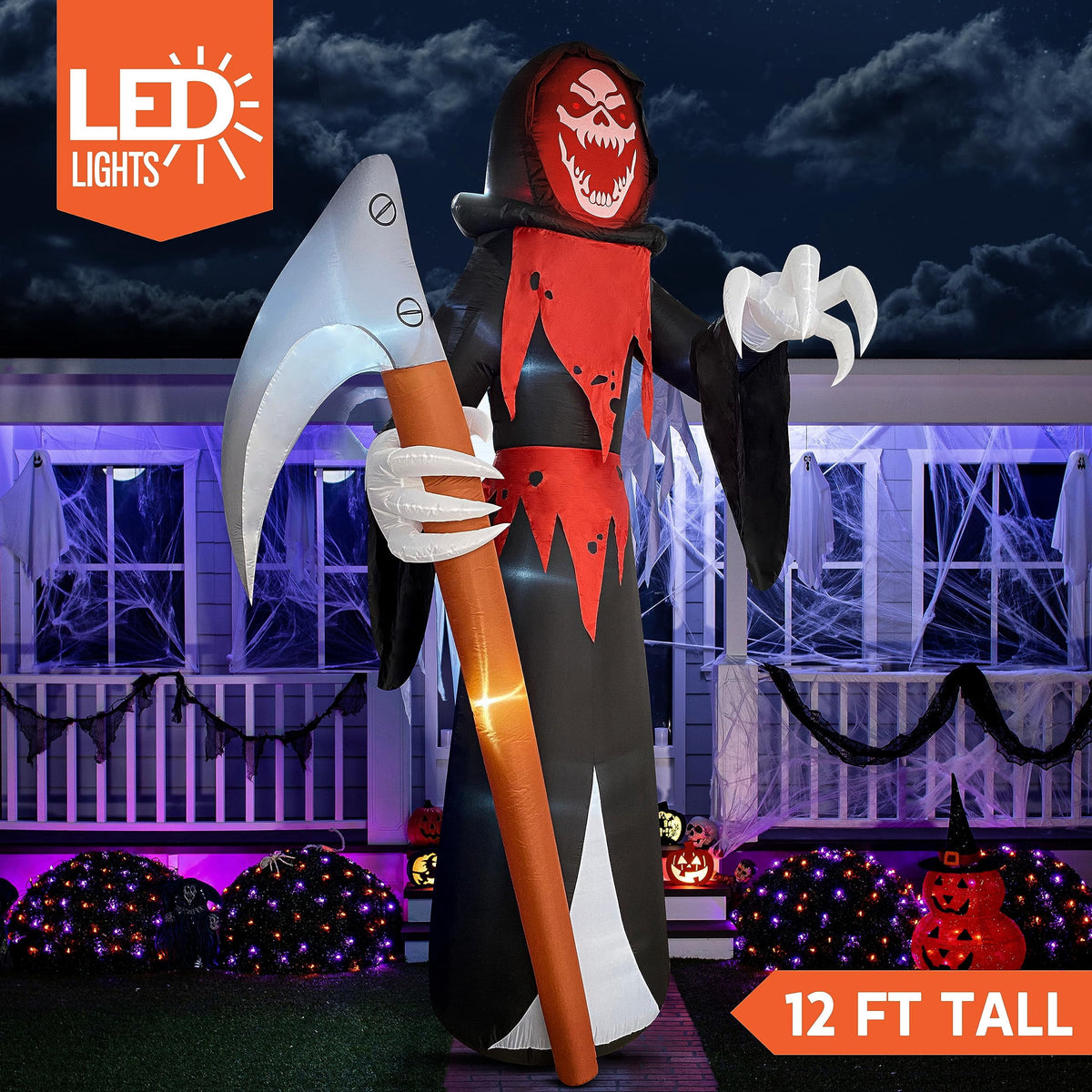 Joyfy 9 ft Halloween Inflatables Pumpkin Skeleton Decorations with Built-in LED Lights,Large Blow Up Decoration for Yard Lawn Garden Indoor Outdoor, Pumpkin Skeleton Inflatable Decoration