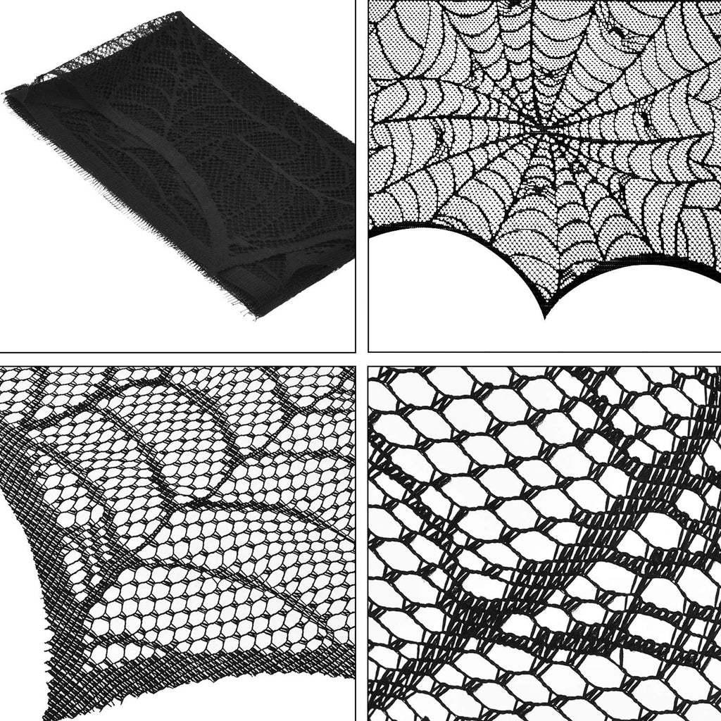 Round Lace Table Topper Black Spider Tablecloth and Fireplace Spider Decorations Lace Spiderweb Mantle Scarf Cover for Halloween Window, Dinner Party, Festival Party, Scary Movie Nights