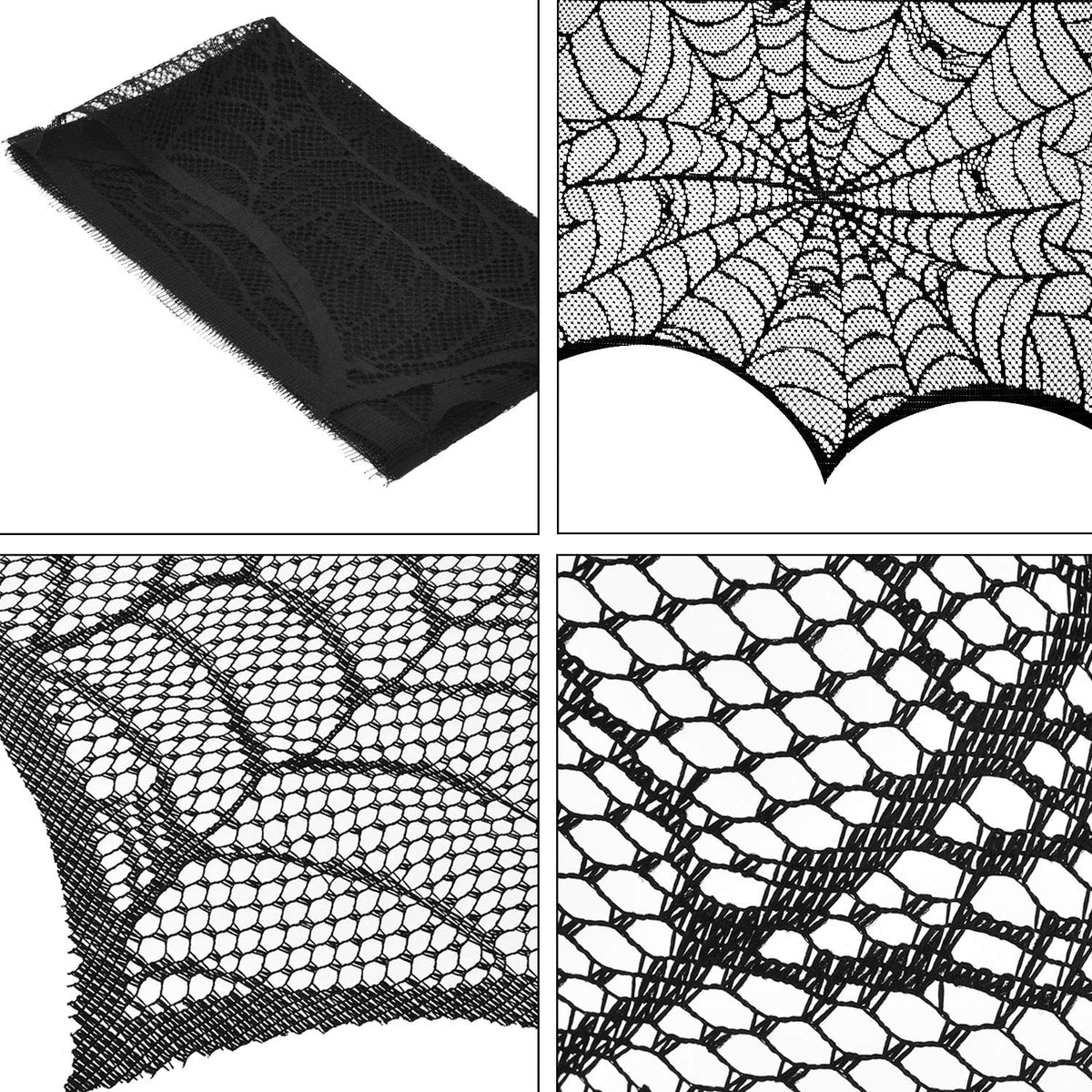 Round Lace Table Topper Black Spider Tablecloth and Fireplace Spider Decorations Lace Spiderweb Mantle Scarf Cover for Halloween Window, Dinner Party, Festival Party, Scary Movie Nights