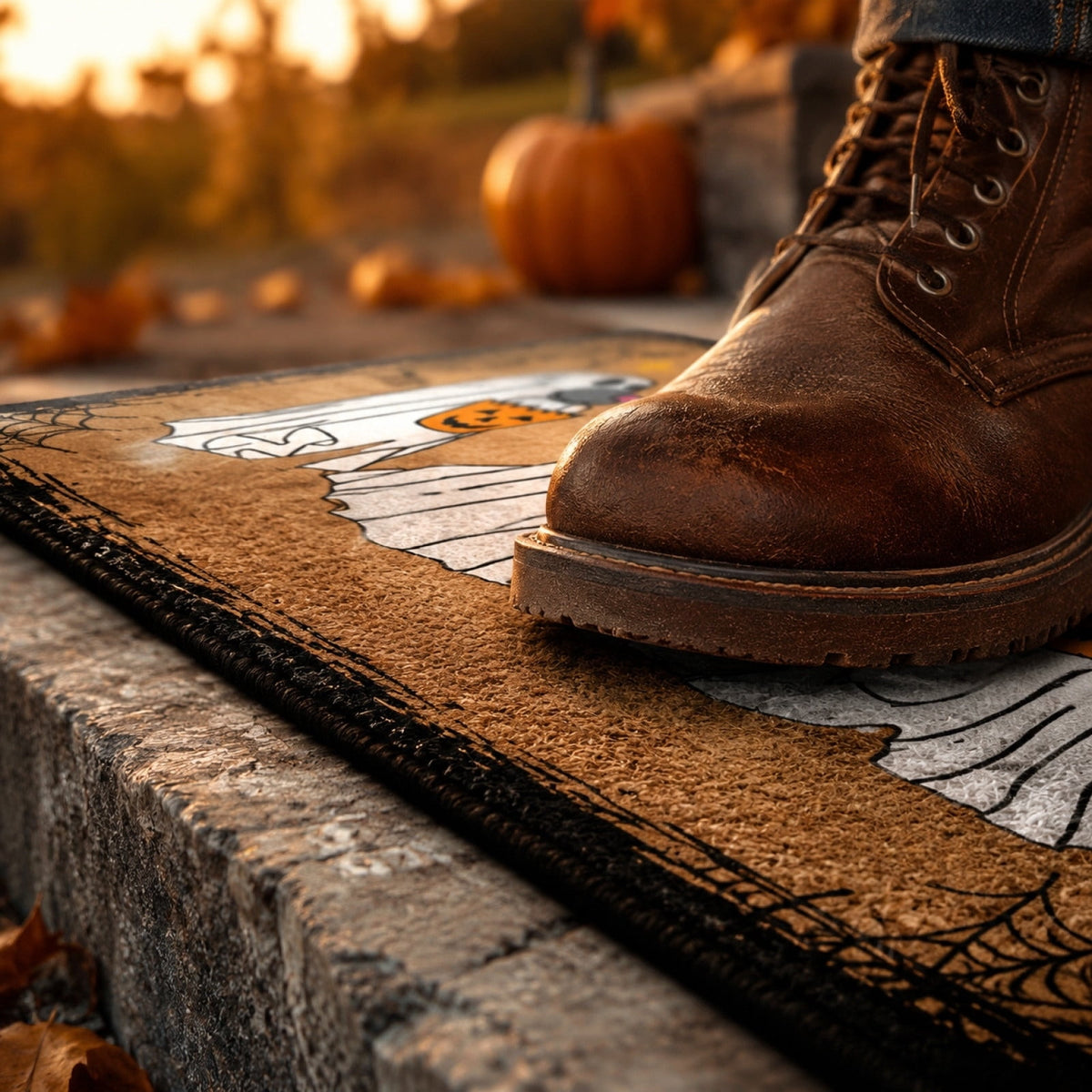 Halloween Ghost Dog Door Mat, Outdoor Coir Entrance Mat for Porch, Spooky Decor for Home Outdoor Entryway Black