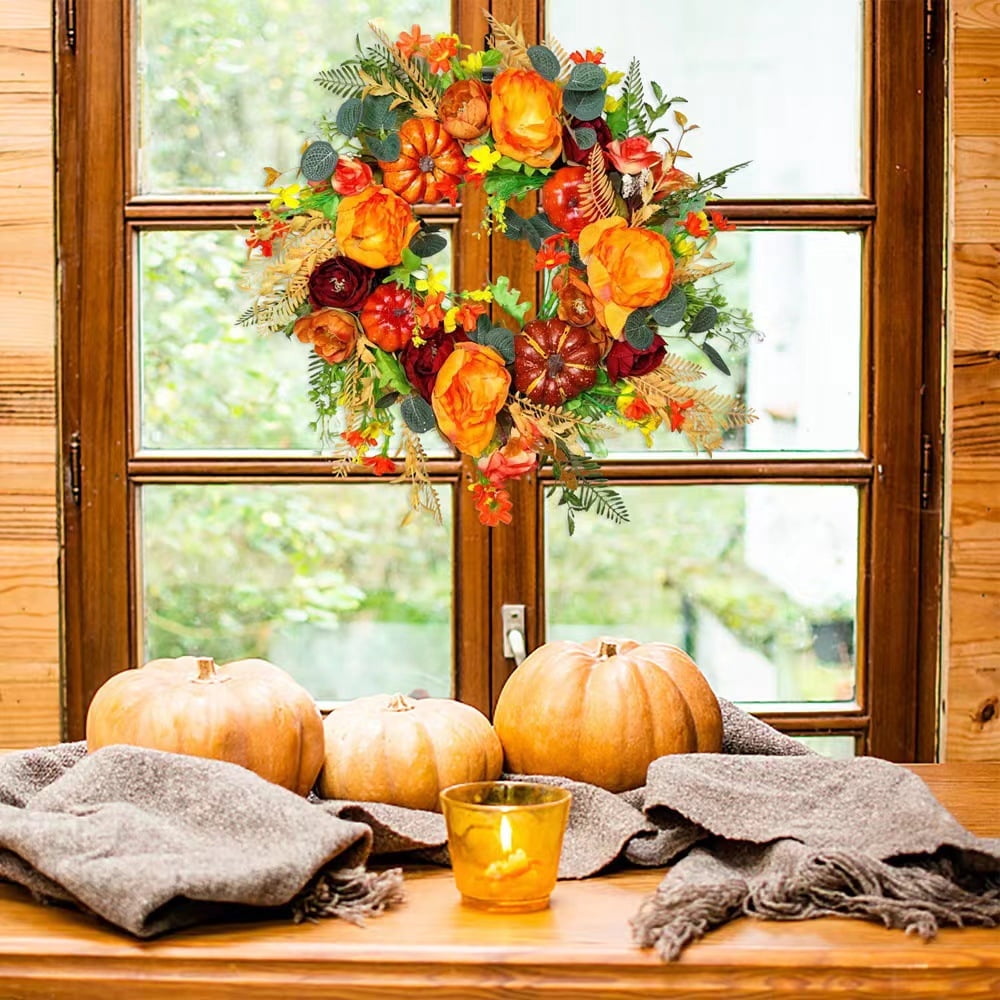 Artificial Fall Wreaths for Front Door-Rustic Autumn Wreath with Pumpkin,Rose,Berry Branchesm,Mixed Leaves, Wreath Fall Door Wreath for Halloween Thanksgiving Decor (15.74inchX15.74inch)