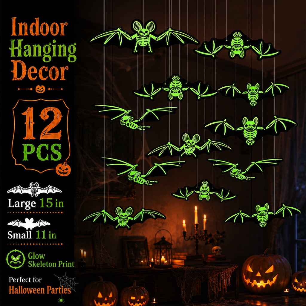 Halloween Decorations Bat 12PCS Large Glowing Skeleton Bats for Halloween Outdoor Tree Porch Yard Lawn Indoor Decor