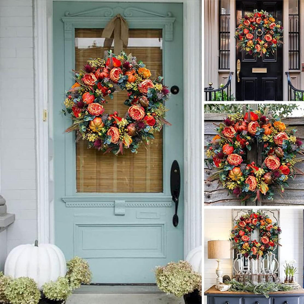 KOMI Fall Peony and Pumpkin Wreath, Autumn Year Round Wreaths for Front Door, Artificial Fall Wreath, Halloween Wreath, Fall Wreaths for Front Door, Autumn Wreath Thanksgiving Wreath (17.7 Inch)