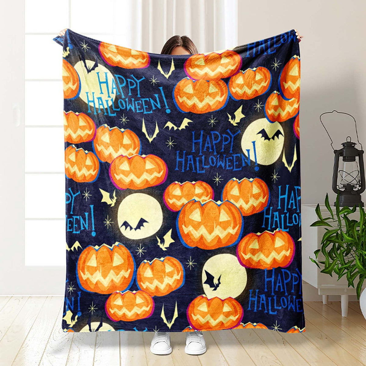 Halloween blanket,Halloween Print Throw Blanket Flannel Soft Cozy Decorative Nap Blanket with Ghost Pumpkin Skull for Office Bedroom Sofa Camping Travel(100x150cm/39x59 Inch),Black