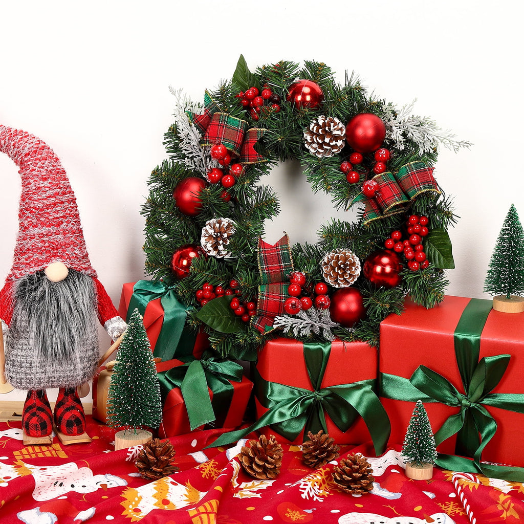 JoanKaren 24 inch Large Christmas Wreath Silver White with 20 LED Lights,Prelit Xmas Wreath w/ Ball Ornaments Pine Cone