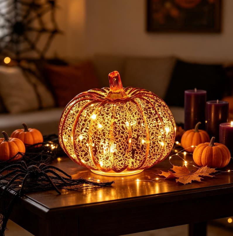 Halloween Fall Pumpkin Lamp,Sparkling Glass Pumpkin Night Lantern,6.6x5.5 inch Light Up Pumpkin Decor,A