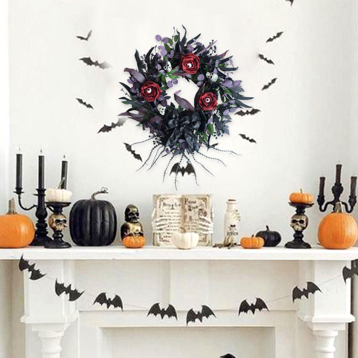 Idyllic 22" Halloween Wreath for Front Door Black Ribbon Rose with Eyes and Skull