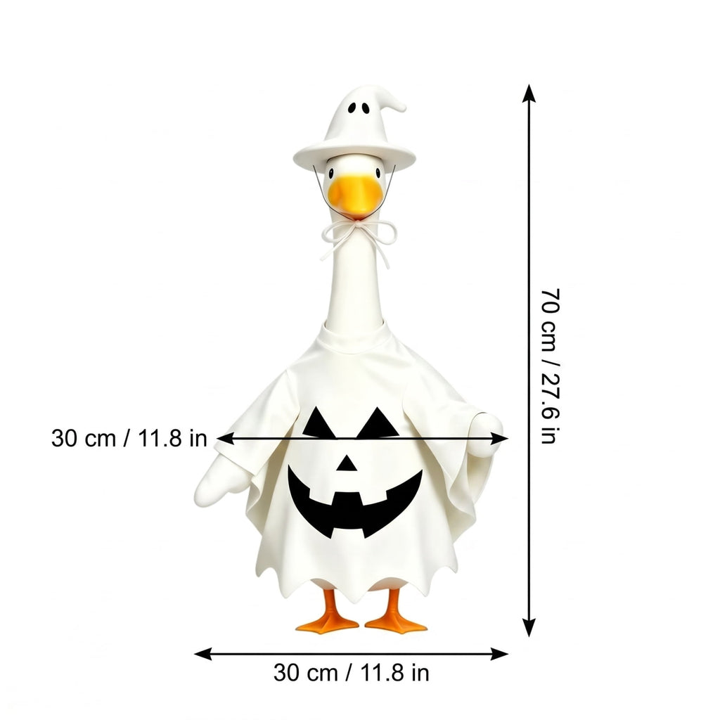 Halloween Ghost Porch Goose Outfit Fits 23 Inch Cement Lawn Goose Statue Pumpkin Face Ghost Costume with Matching Witch Hat for Fall Outdoor Garden Yard Patio Holiday Decor