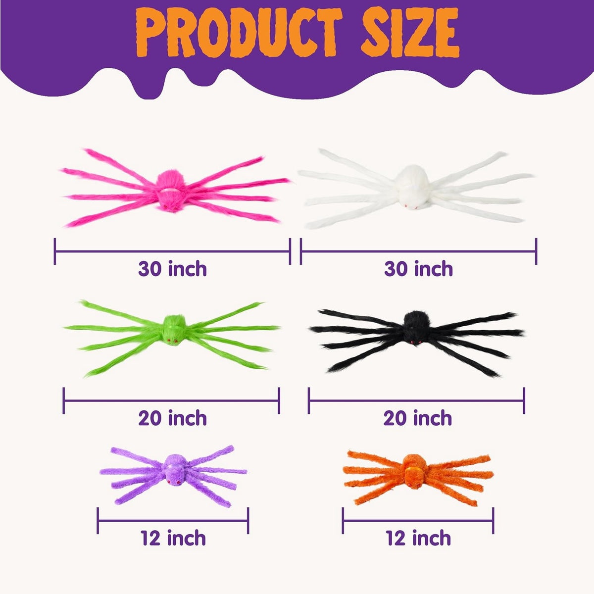 Joyfy 6 Packs Colorful Hairy Giant Spiders Halloween Decorations Outdoor,Multi-Size Outdoor Halloween Spider Decorations for Yard Lawn & Patio (30", 30", 20", 20", 12", 12")