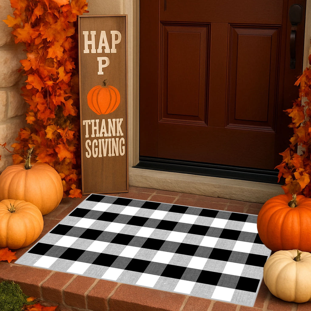 Halloween Fall Outdoor Rug Plaid Rug Foldable Floor Mat for Thanksgiving Front Door Front Porch Farmhouse Entryway Patio Decoration