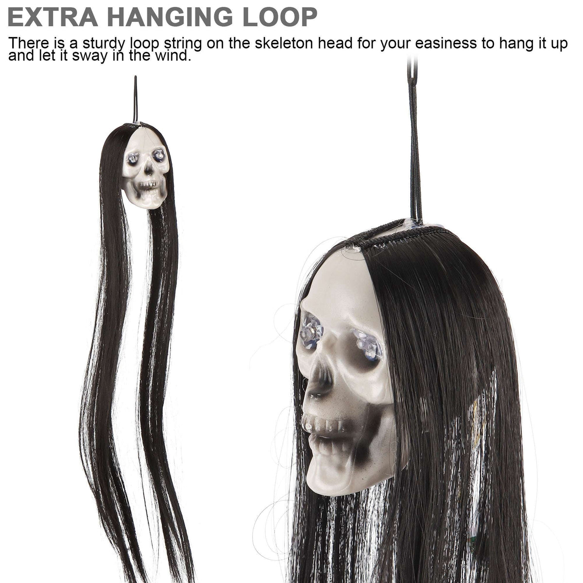 Deago 2 Pack Halloween Hanging Skeleton Ghost Decorations - 20" Led Light Up Red Eyes Hanging Grim Reapers with Hair for Halloween Indoor Outdoor Decoration