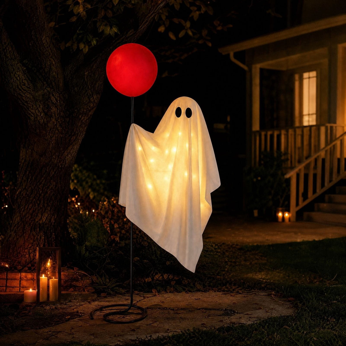 CHJK Halloween Decorations Outdoor, 6Ft Life Size Light up Ghost with Red Inflatable Balloon, Lighted Standing Halloween Porch Decoration with Metal Stand for Front Door, Yard, Lawn, Patio