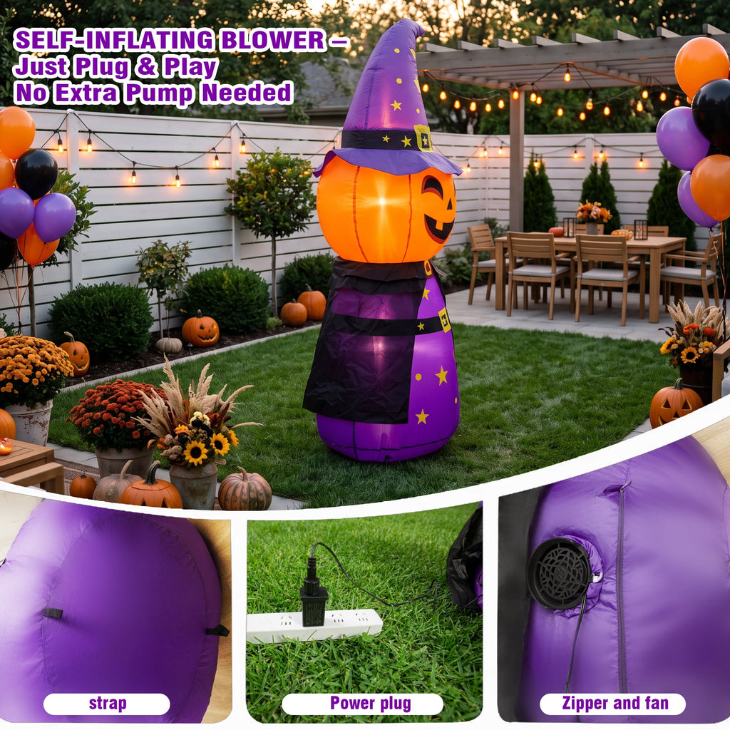 MAGOTAN 8 ft Halloween Inflatable Pumpkin Halloween Inflatable Pumpkins Ghost Tombstone Outdoor Yard Decoration Build-in 7 LED White Lights
